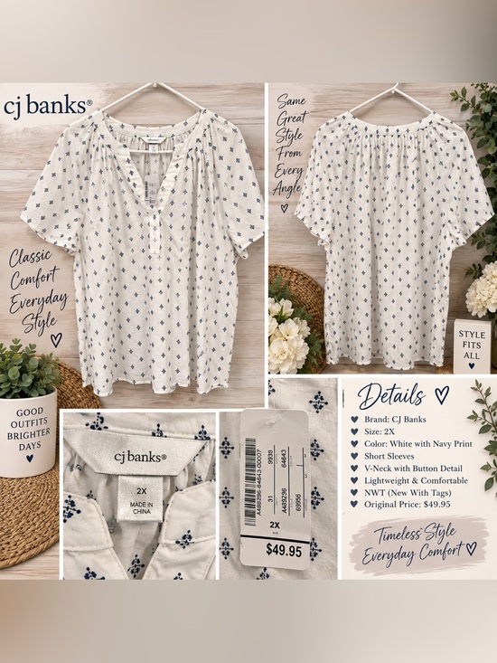 CJ Banks Tops - NWT CJ Banks White Navy Print Blouse Top 2X